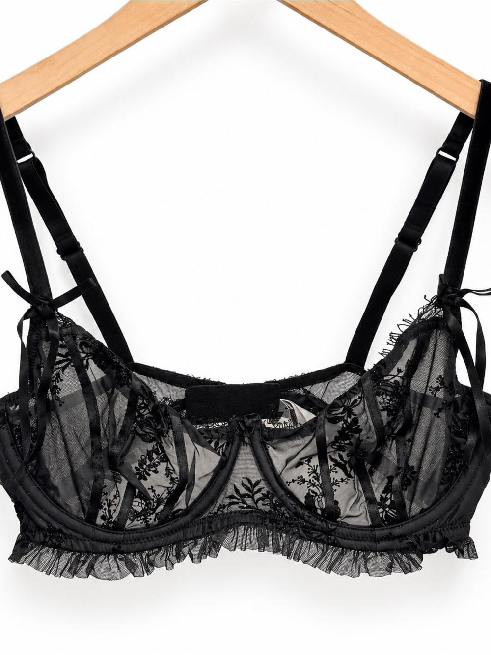 Felina Black Sheer Floral Embroidered Underwire Bra Lace Lingerie 5165 34D